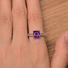 It is a natural amethyst ring. The main stone is 7mm*7mm square cut, weight about 1.62 carats. The basic metal is sterling silver and plated with rhodium. To change the metal to a solid gold (white/rose) or platinum is also available, please ask for a quotation if you want. You can also go to my shop Home for more elegant rings: https://www.etsy.com/shop/godjewelry?ref=hdr_shop_menu More rings: https://www.etsy.com/shop/godjewelry?ref=l2-shop-header-avatar Customization is always welcome and ple Square Cut Amethyst Ring For Anniversary, Purple Square Cut Jewelry For Gifts, Princess Cut Amethyst Gemstone Jewelry, Elegant Purple Princess Cut Jewelry, Classic Square Cut Purple Jewelry, Classic Purple Square Cut Jewelry, Fine Jewelry With Purple Square Cut, Fine Jewelry Purple Square Cut, Amethyst Princess Cut Jewelry For Anniversary