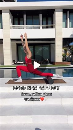 a woman is doing yoga in front of a house with the words beginner friendly