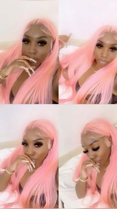 Pink Straight Hair Black Women, Pink Wigs For Black Women Hairstyles, Middle Part Pink Wig, Light Pink Wig On Dark Skin, Pink Wigs For Black Women Dark Skin, Pink Lace Front Wig Hairstyles, Outfits With Pink Hair Black Women, Pink Lace Front Wigs Black Women, Pink Hair Outfit Black Women