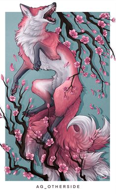 a red fox sitting on top of a tree filled with pink flowers