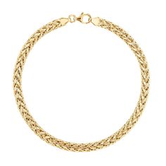 This yellow gold wheat chain bracelet features a classic design that will become an everyday favorite. Crafted in gleaming 10k yellow gold, the links in this wheat chain bracelet are braided together to form a timeless design. This bracelet is 4mm wide and 7.5 inches in length and is secured with a lobster clasp closure. Classic Gold Bracelet With Wheat Chain, Classic Gold Chain Bracelet With Wheat Chain, Yellow Gold Link Bracelet With Wheat Chain, Yellow Gold Bracelets With Wheat Chain As A Gift, Classic Gold Wheat Chain Bracelet, Elegant Yellow Gold Wheat Chain Bracelet, Elegant Everyday Braided Bracelets, Classic Braided Jewelry For Formal Occasions, Classic Gold Bracelets With Wheat Chain