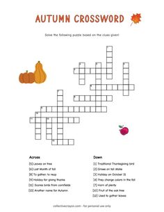 an autumn crossword puzzle with pumpkins and leaves on the bottom, and words below it