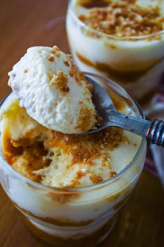 two desserts with ice cream and caramel sauce on top, one has a spoon in it