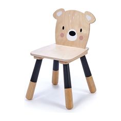 a wooden chair with black legs and a bear face on it