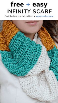 a woman wearing a scarf with text overlay that reads free crochet pattern