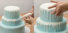 two photos of someone decorating a cake with icing