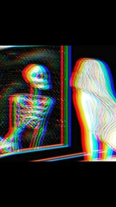 an image of a person sitting in front of a window with colored lines on it