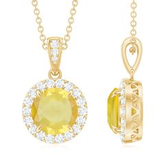 Lab-Created Yellow Sapphire Halo Pendant with Diamond Lab Created Yellow Sapphire - ( AAAA ) - Quality - Rosec Jewels Radiant Moissanite, Claw Setting, Halo Pendant, Radiant Diamond, Sapphire Pendant, Yellow Stone, Sapphire Necklace, Yellow Sapphire, Diamond Halo