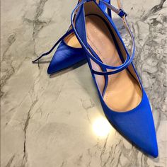 Absolutely Gorgeous Silky Blue Heels. Never Worn , Not My Size Blue Pointed Toe Court Shoes For Spring, Blue Ankle Strap Heels For Evening, Chic Blue Court Shoes With Round Toe, Blue Flat Heels For Party, Chic Blue Ankle Strap Heels, Blue Low Heel Court Shoes For Party, Chic Blue Heels With Heel Strap, Chic Blue Pointed Toe Heels, Chic Blue Court Shoes For Evening