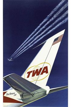 an advertisement for the twa airline with jets flying in the sky above it and another plane