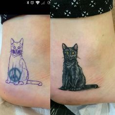 two pictures of cats on the side of their legs