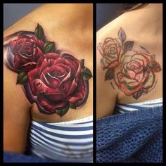 two different pictures of roses on the chest