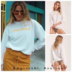 Summer Mckeen X Billabong Collection Features: Summer Mckeen X Billabong Collection Womens Crew Fleece Pullover. Relaxed Fit. Long Sleeves. Crew Neck. “Stay Sunny” Print At Chest. Material: Cotton Jersey. New With Tags Trendy White Sweatshirt, Trendy White Long Sleeve Sweatshirt, Trendy White Everyday Sweatshirt, White Graphic Print Sweatshirt For Everyday, White Text Print Sweatshirt For Everyday, Everyday White Sweatshirt With Text Print, White Text Print Sweatshirt For Loungewear, Cozy White Sweatshirt With Graphic Print, Trendy White Graphic Print Sweatshirt