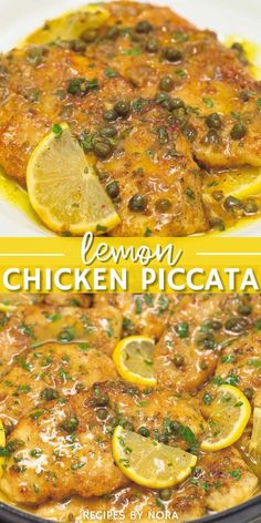 chicken piccata with lemons and capers in a skillet on a white plate