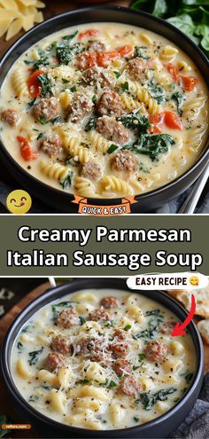 creamy parmesan italian sausage soup in a black bowl with an easy recipe below