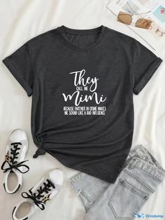 Orcajump - Plus Size Slogan Print Short Sleeve T-shirt, Women's Plus Slight Stretch Casual Tee Casual Gray Top With Funny Text, Casual Gray Tops With Funny Text, Deep Gray, T Shirt Women, Casual Tee, Style Elegant, Summer Fall, Printed Shorts, Spring Summer