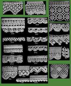 many different laces and crochet patterns on a black background with green border