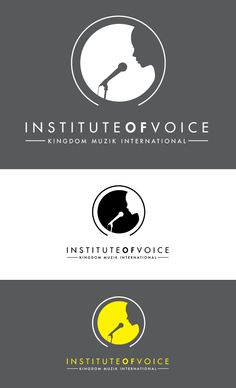 three logos for the institution of voice, including one with a microphone and another with an image of a woman's head