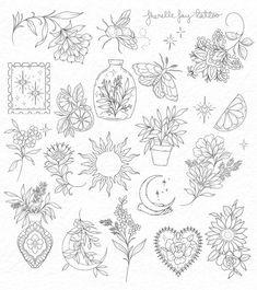 a drawing of flowers and butterflies in vases