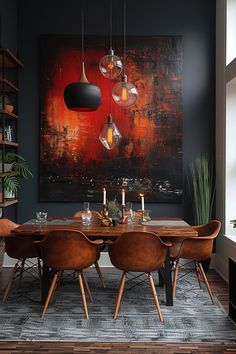 a dining room table with chairs and a large painting on the wall behind it,