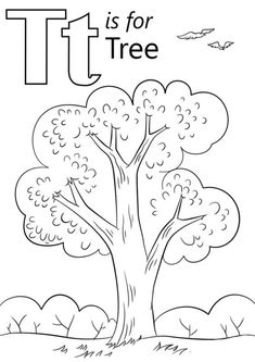 the letter t is for tree coloring page with an image of a tree and leaves