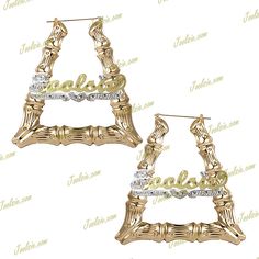 Personalized 14K Gold Plated Large Triangle Door Knockers Bamboo Name Hoop Earrings ALL GOLD OR 2TONE or Silver FREE SHIPPING WITHIN US MADE AND SHIP FROM US ANY NAME/WORD UP TO 9 LETTERS ANY THEME / ALL GOLD, SILVER OR 2TONE Triangle Door, Name Hoop Earrings, Gold Triangle, Local Jewelry, Door Knockers, Jewelry Earrings Hoops, Gold Plated Jewelry, Jewelry Plate, Bracelet Set