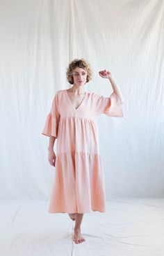 Linen Tiered Dress ADELE Handmade by OFFON | Etsy V-neck Maxi Dress For Brunch, Relaxed Fit V-neck Maxi Dress For Brunch, Summer Daywear Dresses With Bell Sleeves, Summer Bell Sleeve Dresses For Daywear, Summer Bell Sleeve Midi Dress For Brunch, Puffy Sleeve Dress, Skirt Fabric, Linen Jumpsuit, Dress Clothes