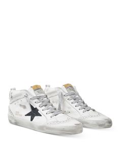 Golden Goose Deluxe Brand Women's Mid Star Mid Top Sneakers High-top Star-embellished Sneakers For Streetwear, Mid Star Golden Goose, Golden Goose Mid Star Outfit, Golden Goose Outfit, Tennis Shoes Outfit, Preppy Shoes, Night Dresses, Goose Shoes, Shoes Ideas