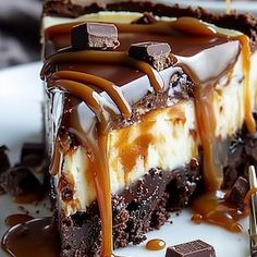 a piece of chocolate cheesecake with caramel sauce drizzled on top