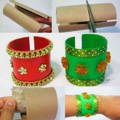 four different types of bracelets made out of toilet paper