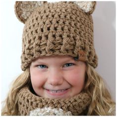 PDF DIGITAL DOWNLOAD CROCHET PATTERN - English Only THIS IS NOT A FINISHED PRODUCT PDF digital download crochet pattern for Bear hat, cowl and mitten set. Sizing in toddler, child and teen. This is a Bulky & Quick design worked holding together 2 strands of worsted weight yarn and an 8mm crochet hook. Lion Brand Homespun Thick and Quick is used for contrast details. This is an intermediate design written in Standard American Terms. Yarn Requirements: Bernat Super Value 100% Acrylic (7oz/197g Honey Bear, Bear Hat, Lion Brand, Crochet Headband, Blanket Scarf, Crochet Hook, Worsted Weight Yarn, Worsted Weight, Ear Warmers