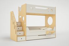 a bunk bed with stairs and drawers on the bottom level is made out of plywood