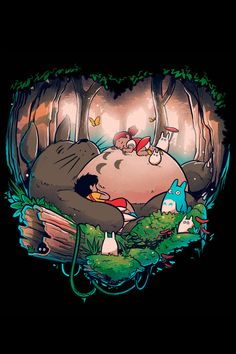 an image of a cartoon character sleeping in the woods with other characters around him and on his back