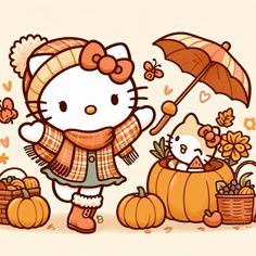 hello kitty holding an umbrella next to pumpkins