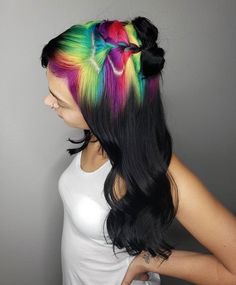 Rainbow Hair With Dark Roots, Rainbow Roots Black Hair, Vivid Roots Hair, Rainbow Ghost Roots, Black Hair With Colored Roots, Purple Roots Black Hair, Black And Rainbow Hair, Colored Roots With Black Hair, Coloured Roots