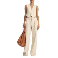 A.L.C. "Maxwell" suiting vest in a linen-blend  V neckline Sleeveless Cropped fit Cut-away hem Button-front Linen/viscose/elastane Lining: Cotton/polyester Dry clean Imported Vest Suit, Linen Vest, Color Bone, Denim Sweater, Cropped Vest, Three Piece Suit, Linen Trousers, Pleated Pants, Twill Fabric