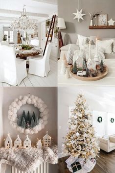 white christmas decor in the living room and dining room