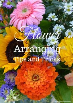 an arrangement of colorful flowers with the words always arranging tips and tricks in front of it