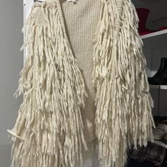 So Cute. Perfect Condition, Basically Brand New Size S/M Beige Fringed Winter Outerwear, One Size Winter Outerwear With Fringe, Chic Beige Outerwear With Fringe, Chic Beige Fringe Outerwear, Beige One Size Outerwear For Spring, One Size Beige Outerwear For Spring, One Size Spring Outerwear In Beige, Winter Cream Outerwear With Fringe, Cream Fringe Outerwear For Winter