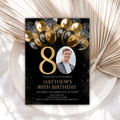 a black and gold 80th birthday party card with balloons, streamers and confetti