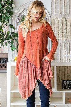 Discover the perfect balance of style and comfort with The Vikki Washed Mixed Fabric Tunic Top! Featuring a relaxed fit and a scooped neck, this top is designed to provide ultimate comfort while still looking fabulous. The mineral wash adds a unique touch, while the uneven raw hem makes for a fantastic layering piece. Elevate your wardrobe with this must-have tunic top! Relaxed Fit Mineral Wash Scooped Neck Uneven Raw Hem 100% Cotton CONT: 100% Rayon Womens Tunic Dress, Bohemian Style Clothing, Blue Kimono, Instagram Help, Exposed Seams, Twist Top, Boho Tunics, Cotton Bottoms, Kimono Jacket