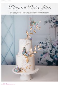 a wedding cake with butterflies on it and the words elegant butterfilies written below