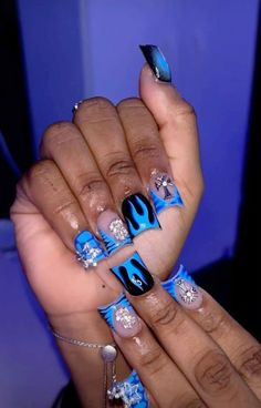 Shortie Nails Black Women, Rip Nail Designs, Blue Duck Nails Acrylic, Rod Wave Nail Ideas, Blue Short Acrylic Nails Designs, Short Duck Nails Design Ideas, Black And Blue Nails Short, Short Duckies Nails, Blue Junk Nails