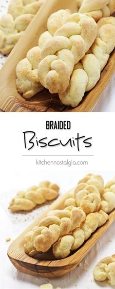 breaded biscuits on a wooden spoon with the words braided biscuits above them