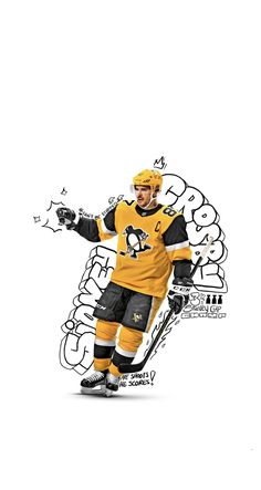 a drawing of a hockey player in yellow and black uniform, with his arms outstretched