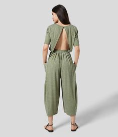 Backless Plicated Side Pocket Relax Casual Jumpsuit Business Attire Women, Jumpsuit For Women, Yarn Sizes, Bags Logo, Casual Jumpsuit, Business Attire, Side Pocket, Round Collar, Jumpsuits For Women