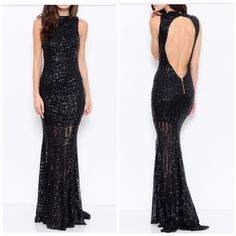 Elegant Black Sequin Dress With Tear Drop Back. Knee Length Lining. Black Maxi Dress With Back Zipper, Glamorous Fitted Black Maxi Dress, Black Sequined Maxi Dress For Night Out, Glamorous Black Dress With Back Zipper, Elegant Black Maxi Dress With Sequins, Black Floor-length Evening Dress With Back Zipper, Chic Black Evening Dress With Back Zipper, Black Maxi Dress With Back Zipper For Evening, Black Maxi Dress With Back Zipper For Night Out