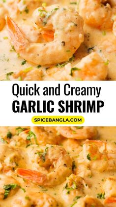 shrimp and cream sauce in a skillet with text overlay that reads quick and creamy garlic shrimp