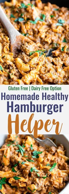 the recipe for homemade hamburger helper is shown in a skillet