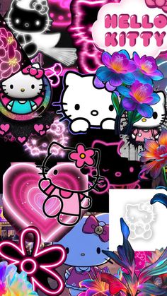 hello kitty wallpapers with flowers, hearts and other things in the background that are colorful